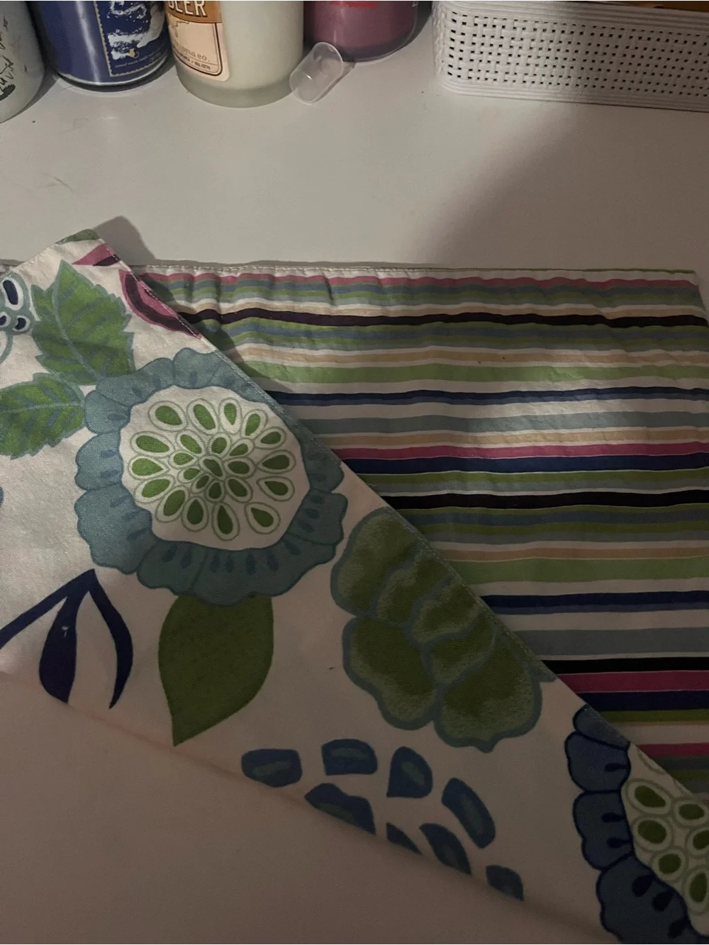 Pier 1 White Floral with Blue, Green and Pink Accents 17 piece set (description)